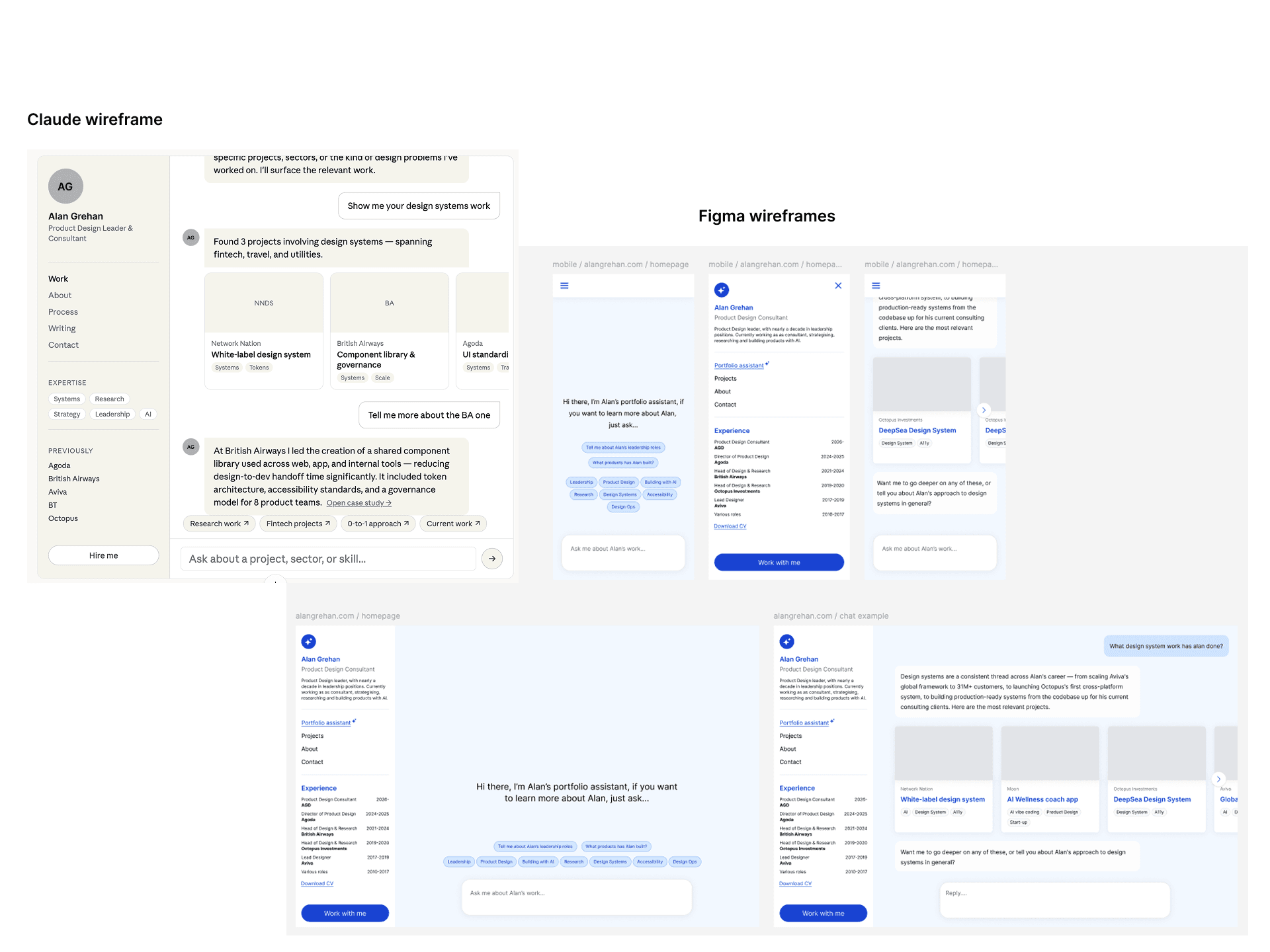 Screenshots of Claude conversation and Figma wireframe side by side
