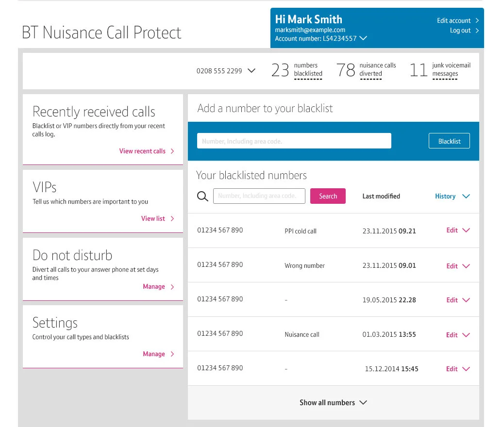 BT Call Protect interface