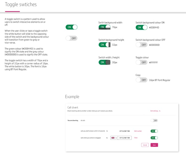 BT Online Master Guidelines toggle component